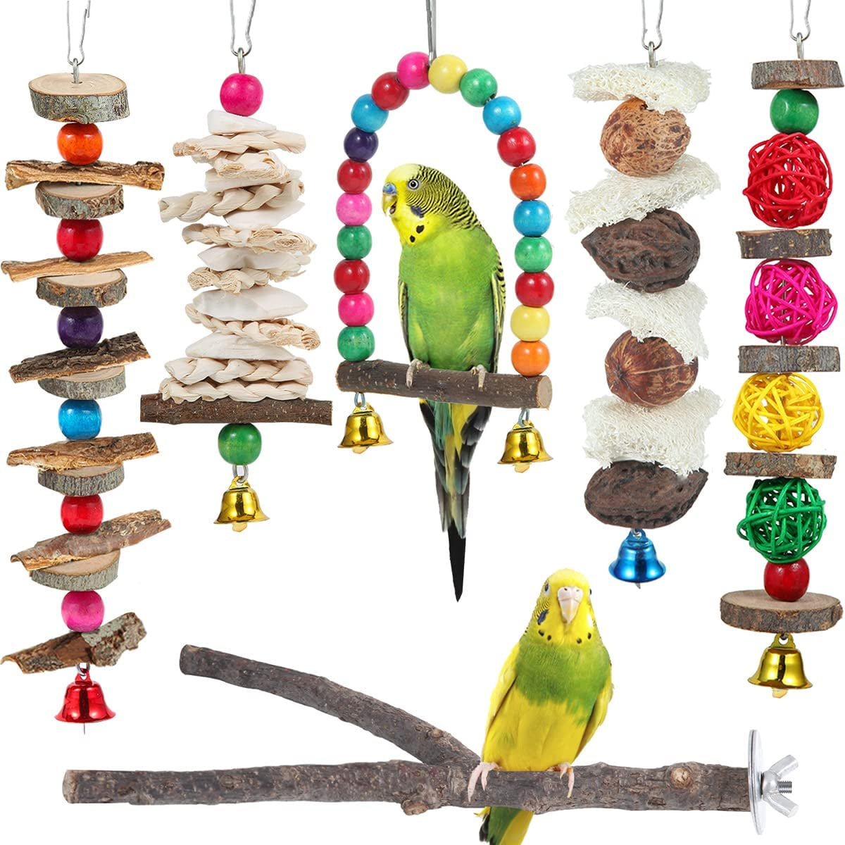 Bird Perch & Toys - 6 Pack Accessories, Wooden Chew Toys & Perch Stand for Parakeet, Conure, Cockatiel, Lovebird, Parrotlet, Budgie, Finches & Other Small to Medium Sized Birds