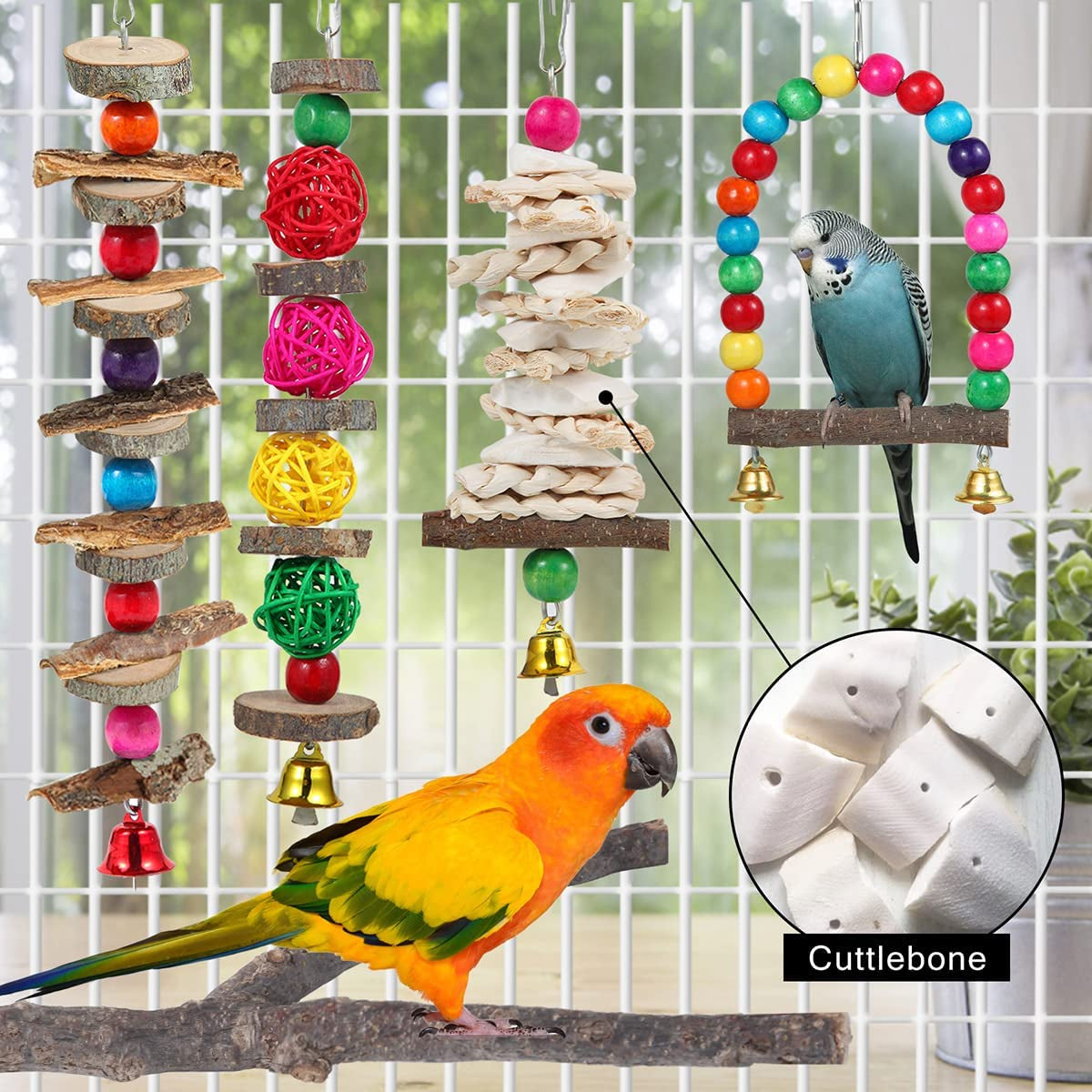 Bird Perch & Toys - 6 Pack Accessories, Wooden Chew Toys & Perch Stand for Parakeet, Conure, Cockatiel, Lovebird, Parrotlet, Budgie, Finches & Other Small to Medium Sized Birds